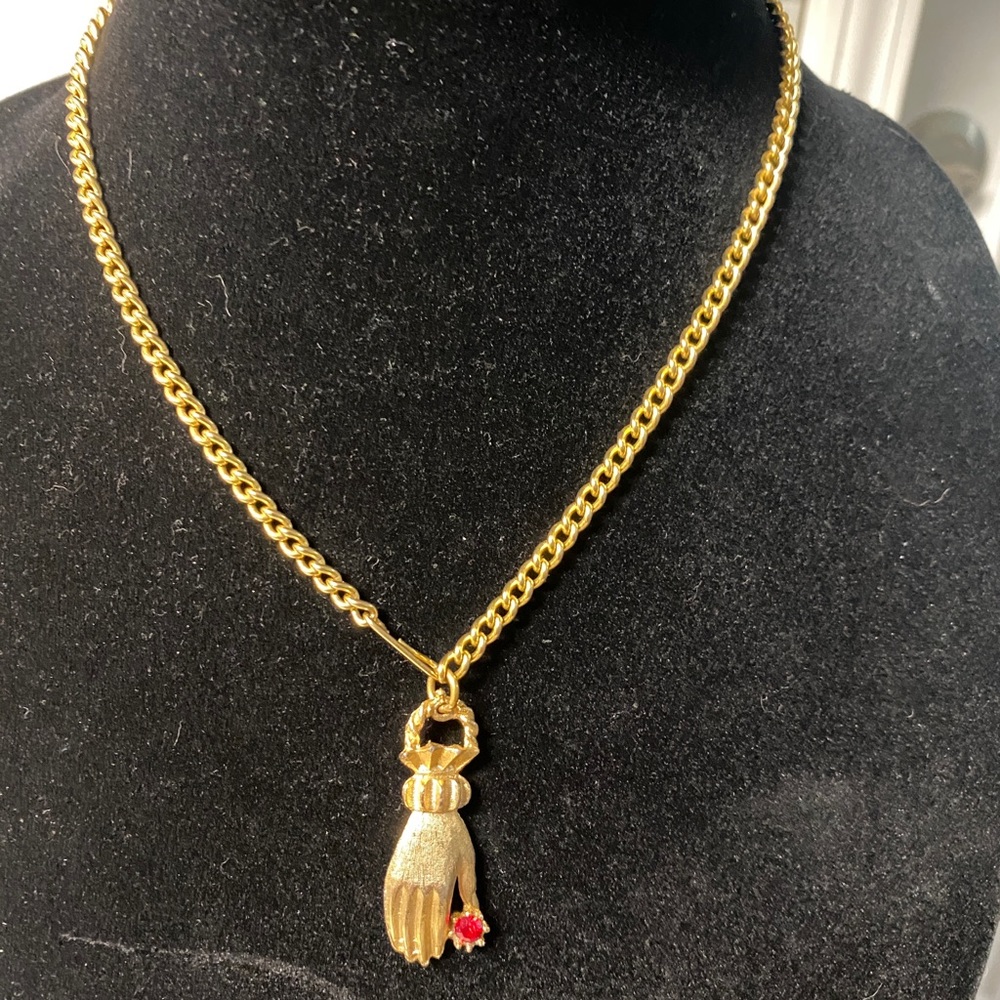 $8 Necklace Sale! Vintage Gold Lady Hand Holding Red Gem